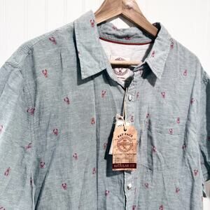 Fat Face Lobster Print Linen Shirt Grey Green Short Sleeve Button Up Mens XXL